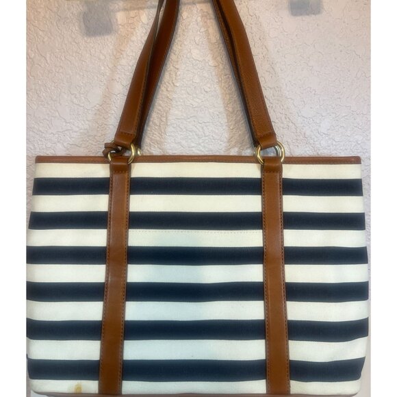 Michael Kors Striped Shoulder Bag Tote Purse Navy White Tan Leather Trim nautica - Picture 2 of 11